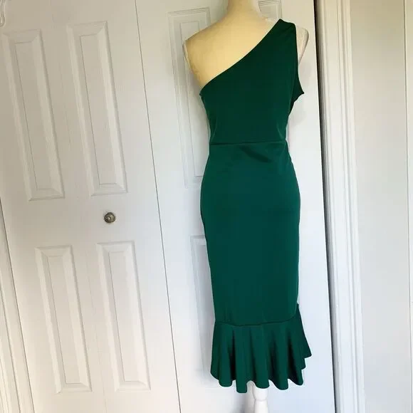 Women Night Gown Dress Large Green One Shoulder Ruffle Hem CHICME - Picture 5 of 16